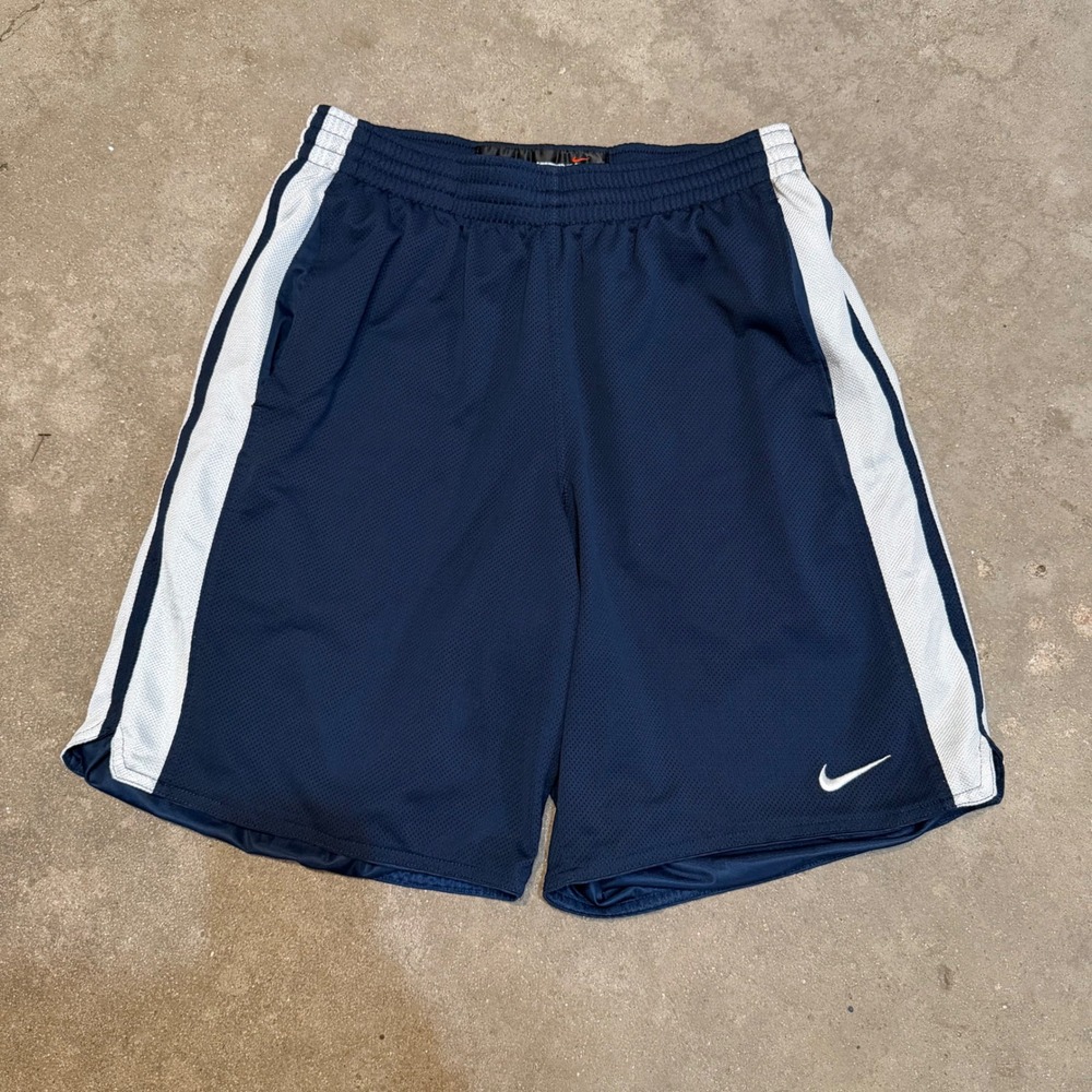 Y2K Nike Basketball Shorts Mens Large Navy Blue Mesh Side Stripe Dazzle